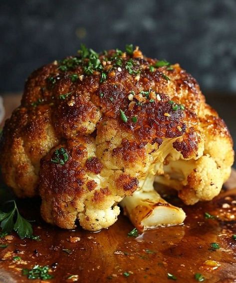 Vegan Classic Whole Roasted Cauliflower Thanksgiving Roasted Cauliflower, Whole Roasted Cauliflower Vegan, Whole Roasted Cauliflower Recipes, Whole Cauliflower Recipes, Roasted Head Of Cauliflower, Baked Whole Cauliflower, Roasted Whole Cauliflower, Vegan Roasted Cauliflower, Oven Baked Cauliflower