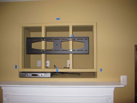 Tv Hole In Wall Cover Up, How To Close A Tv Niche, Recessed Wall Mounted Tv Ideas, Tv Box Design Wall Mount, Tv Recessed In Wall, Wall Cutout Ideas, Tv Wall Mount, Tv Niche Makeover, Tv Niche Ideas