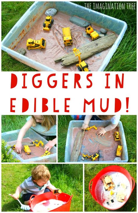 Diggers in the edible mud sensory play tray for toddlers Digger Sensory Tray, Messy Play Farm Animals, On The Farm Sensory Play, Mud Play Ideas, Monster Truck Tuff Tray, Outdoor Games For Toddlers, Edible Sensory Play, Tuft Tray Ideas Messy Play, Tuff Tray Ideas Toddlers