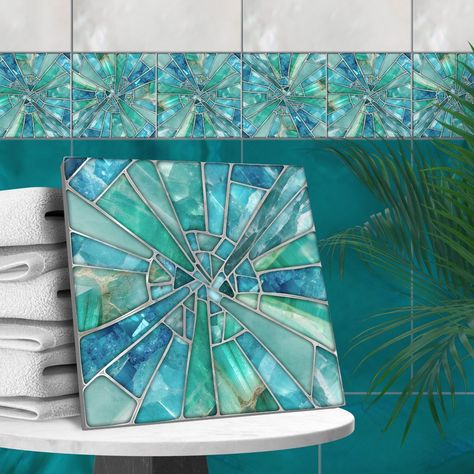 Mosaic Art - Aquamarine Sea Turtle Pool Mosaic, Glass Mosaic Tiles Craft, Beach Bathroom Tile, Mosaic Sea Life, Mosaic Ceramic Tile, Sea Glass Tile, Mosaic Kitchen Backsplash, Tile Mosaic Art, Turquoise Bathroom