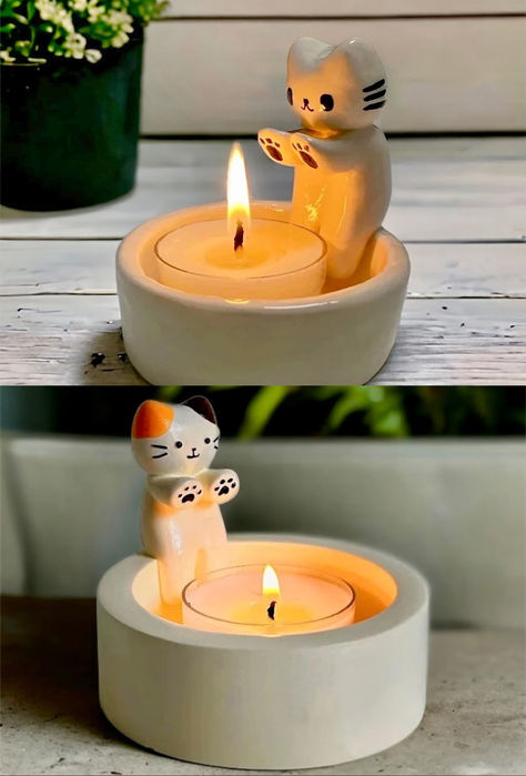 A ceramic cat figurine candle holder with a lit candle, placed on a wooden surface. two angles shown, top and side views.