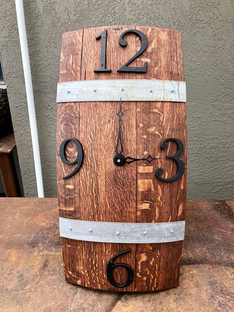 Re-Purposed Wine Barrel Stave Wall Clock by McCutchwoodworks on Etsy Wine Barrel Ideas, Wine Barrel Clock, Barrel Stave Wall, Whiskey Barrel Decor, Wine Barrel Art, Wine Barrel Chairs, Barrel Art, Wine Barrel Crafts, Wine Barrel Decor