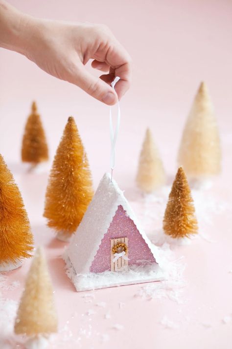 Home for the Holidays: Our Best Holiday Crafts + DIYs #holidaycrafts #christmascrafts #holidaydecor #christmasdecor #abeautifulmess Putz House, Homemade Ornaments, Glitter Houses, Putz Houses, Easy Christmas Crafts, Small Houses, House Ornaments, Diy Holiday Decor, Holiday Diy