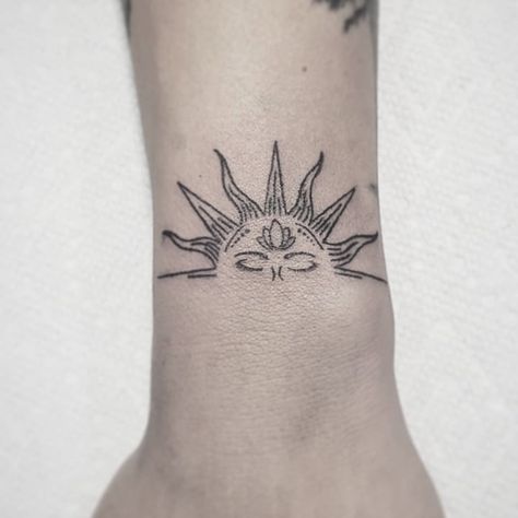 #sun #tattoo #horizon #lotus Lotus Flower Sun Tattoo, Sun On Horizon Tattoo, Horizon Sun Tattoo, Sun On Wrist Tattoo, Lotus Flower And Sun Tattoo, Woman Sun Tattoo, Sun Patchwork Tattoo, Upper Arm Sun Tattoo, Sun And Lotus Tattoo