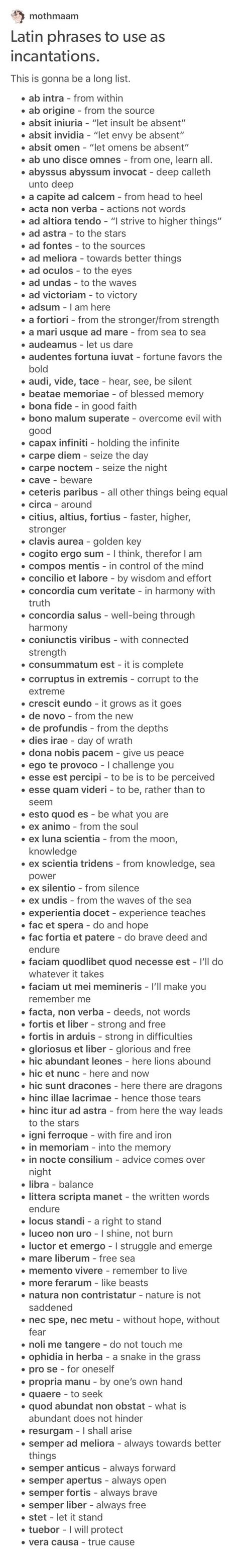 Common Latin Phrases, Witchcraft Language, Latin Incantations, Practicing Witchcraft, Latin Names, Latin Phrases, Cody Christian, Writing Advice, Writers Block