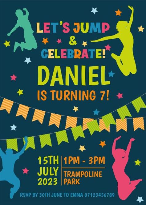 Let's Jump!-Birthday party invitation. This is a digital template which means you can easily edit the text yourself and get your invitations printed anywhere, even at home! Includes a free mobile invitation template too. Trampoline Park Birthday Party, Jump Birthday Party, Trampoline Birthday Invitations, Jump Party Invitations, Park Birthday Party, Trampoline Party, Jump Party, Park Birthday, Birthday Party Invitation Templates