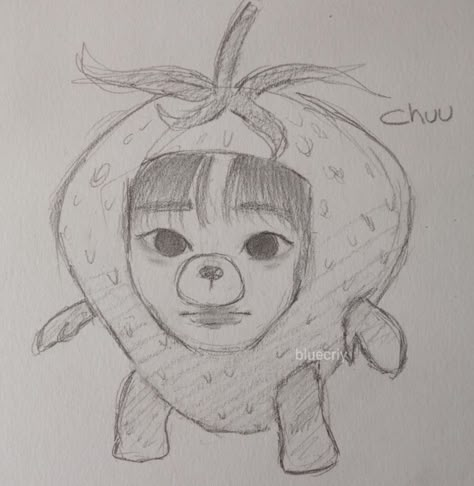 Chuu Strawberry Drawing, Cute Korean Drawings Aesthetic, Strawberry Chuu Drawing, Kpop Cute Drawings, Cute Drawings Kpop, Chuu Sketch, K-pop Drawing, Cute Korean Drawings, Drawing Ideas Korean