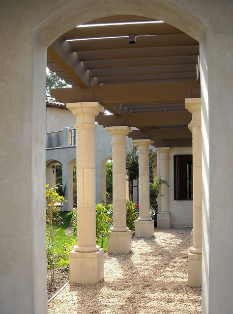 Mediterranean Exterior Design details  (pillar size is good) Mediterranean Exterior Design, Formal Landscape, Mediterranean Exterior Homes, Bungalow Designs, Kitchen With An Island, Front Porch Columns, Mediterranean Patio, Outdoor Architecture, Outdoor Makeover