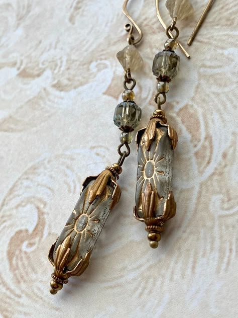 Fantasy Earrings, Fairy Whimsical, Artsy Jewelry, Gray Art, Brass Hook, Dope Jewelry, Long Dangle Earrings, Bronze Pendant, Funky Jewelry