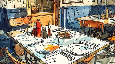 Old Hergé Drawing of Dirty Dishes in Restaurant Restaurant Drawing, Inspirational Digital Art, Photography Movies, Scene Drawing, Dirty Dishes, Square Table, Food Drawing, Art References, Red Riding Hood