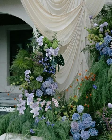 Drapes. | Instagram Ceremony Arch Draping, Drapes And Flowers Backdrop, Wedding Aesthetic Moodboard, Simple Wedding Ceremony Flowers, Blue Event Decor, Draped Backdrop, Fabric Wedding Decor, Wedding Ceremony Floral Arrangements, Ceremony Draping