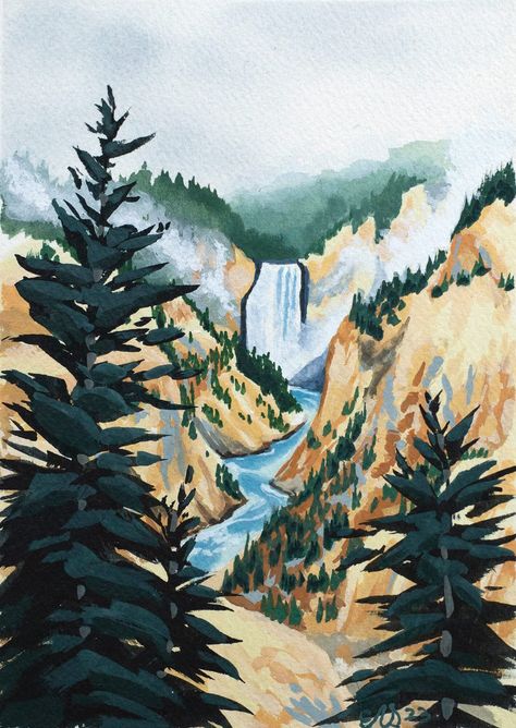 "The Grand Canyon of the Yellowstone. My original gouache painting on watercolor paper. ☀ Dimensions: painting: 5 x 7\" ☀ Does not come with a mat or frame. ☀ Hand painted on high quality, acid-free watercolor paper. ☀ Signed and dated." Grand Canyon Of The Yellowstone, Yellowstone Painting, Yellowstone Watercolor Paintings, Yellowstone Watercolor, Yellowstone Art, Grand Canyon Illustration, Grand Canyon Painting, Grand Canyon Art, Grand Canyon Watercolor