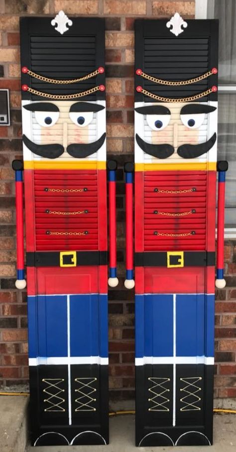 These amazing nutcrackers were made out of window shutters!! Jayne Curtis shared these and I am in love!! These would look amazing on each side of the front door for Christmas time. Jayne said they stand nearly 80 inches tall. Christmas Porch Decor, Christmas Yard, Christmas Outdoor, Window Shutters, Christmas Craft Ideas, Christmas Porch, Nutcracker Christmas, Christmas Wood, Xmas Crafts