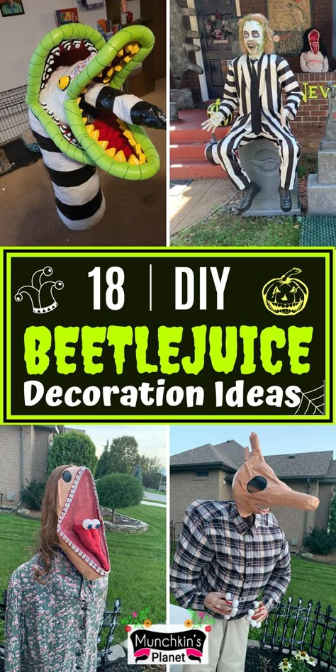 DIY Beetlejuice Decoration Ideas Beetlejuice Couch Lady, Beetlejuice Haunted House Ideas, Beetlejuice House Decor Outside, Halloween Outside Theme Ideas, Storefront Halloween Decor, Beetlejuice Halloween Trunk Or Treat, Beetlejuice Outside Decorations, Trunk Or Treat Beetlejuice Ideas, Diy Halloween Decorations Outdoor Beetlejuice