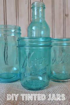 Tinting Mason Jars Diy, Tinting Glass, Glass Jars Diy, Tinted Mason Jars, Crafts With Glass Jars, Painting Glass Jars, Glass Bottle Diy, Blue Mason Jars, Diy Dollar Tree Decor