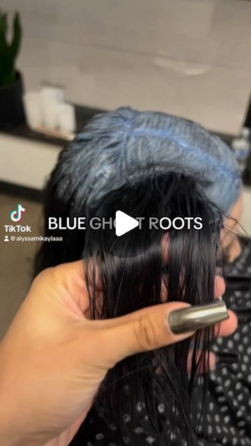 Blue Ghost Roots Black Hair, Black Hair With Purple Roots, Blue Ghost Roots, Black Roots Purple Hair, Purple Roots Black Hair, Dark Root Purple Hair, Dyed Roots, Ghost Roots Hair, Roots Hair