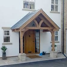 Oak Framed Porch Entrance, Oak Porch On Bungalow, Oak Windows Exterior, K Render House, Oak Front Door Ideas, Open Porch Ideas Uk, Oak Porch Ideas, Front Door Porch Ideas Entrance, Porch Covers