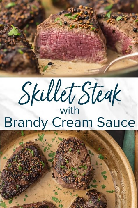 Steak cooked in a skillet with a spicy peppercorn crust is the best ever! Topped with a Brandy Cream Sauce, you'll have restaurant-quality steak at home. This skillet steak recipe is great for a romantic evening in. #sponsored #skilletsteak #creamsauce #steakrecipe #peppercorncrust #filetmignon #datenightrecipe Steak Recipes Skillet, Brandy Cream Sauce, Peppercorn Steak, Steak At Home, Steak Sauce Recipes, Skillet Steak, Steak Recipe, Steak Sauce, Grilled Steak