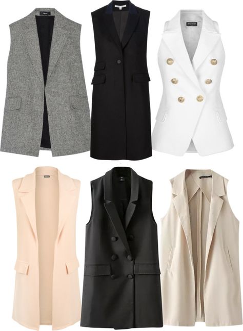 Sleeveless Blazer Vest Outfit, Best Interview Outfits, Long Blazers, Long Waistcoat, Interview Outfits Women, Sleeveless Coat, Sleeveless Blazer, Long Vest, Vest Blazer