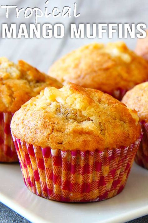 Mango Banana Muffins, Mango Coconut Muffins, Mango Muffins Recipe, Canned Mango Recipes, Tropical Muffins, Mango Muffins, Mango Bread, Tropical Desserts, Mango Mango