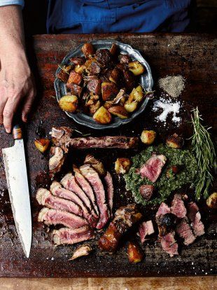 Fiorentina steak, crispy potatoes and salsa verde make this is an amazing treat-night dinner for four lucky people. High End Restaurant, Big Steak, Steak Night, Steak Dishes, Crispy Beef, Diner Recept, Jamie Oliver Recipes, Delicious Magazine, T Bone