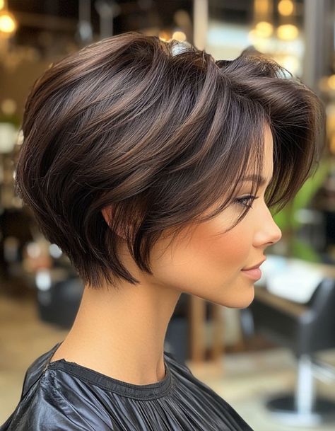 43 Bixie Haircuts For a Chic & Modern Look : Dark Brown Sleek Layered Texture Messy Pixie Hairstyles, Sleek Pixie, Bixie Haircut, Brown Pixie, Shot Hair, Bob Haircut Curly, Short Dark Hair, Messy Pixie, Hairstyle Short