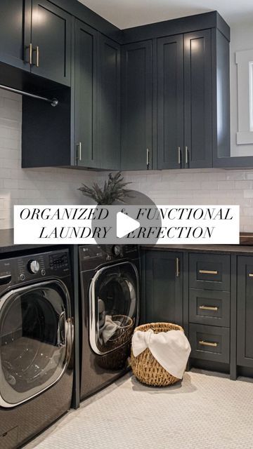 Melissa Manzardo Hryszko on Instagram: "This laundry room combines practicality with a touch of style. It's designed for maximum efficiency, with plenty of counter space for folding, a handy hanging bar over the washer and dryer, and ample cabinetry to keep everything neatly stored. The tall cabinet provides the perfect spot to tuck away your ironing board and vacuum, keeping the room organized and clutter-free. Making laundry day a breeze, one organized step at a time!

#laundry #laundryroom #laundryroomgoals #homeorganization #dreamhome #housegoals #instahome" Veranda Estate Homes, Hanging Bar, Laundry Day, Tall Cabinet, Ironing Board, Counter Space, Updating House, House Goals, Clutter Free