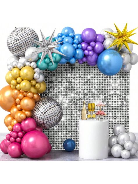 -Product Information--Multi-Function - The Disco Ball Balloons, Metallic Balloons Of Different Colors Are Not Only For Disco Party Decorations, Disco Birthday Party Decorations, Disco Ball Decorations, Disco Ball Party Decorations, But Also For 70S 80S 90S Party Decorations, Iridescent Party Decorations, Adult Birthday Party. These Disco Decorations Will Create A Night To Remember, Filled With Disco Balls, Sequins, And An Incredible Atmosphere That Transported Everyone Back To The Golden Era Of Disco Balloon Garland, Silver Sequin Backdrop, Disco Ball Balloons, Baloon Garland, Ball Balloons, 90s Disco, Disco Ball Decorations, 90s Party Decorations, 70s Theme Party