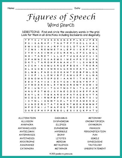 Free Printable Figures of Speech Word Search