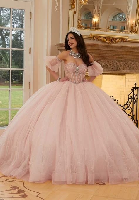 Pearl and Crystal Beaded Sparkle Tulle Quinceañera Dress with Back Bows Corset Quince Dress, Sheer Corset, Quince Dress, Mori Lee, Quince, Quinceanera, Sweetheart Neckline, Puff Sleeves