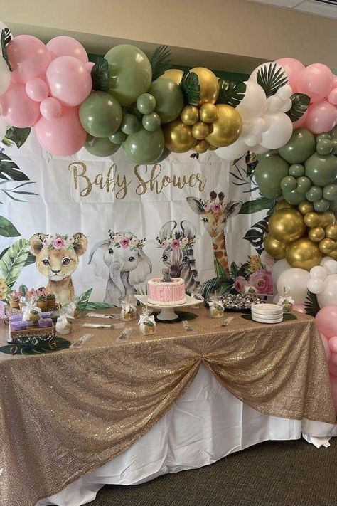 Safari Theme Baby Shower Ideas Girl, Jungle Theme Baby Shower Ideas Girl, Baby Girl Jungle Nursery, Baby Animals Baby Shower Theme, Baby Girl Safari Baby Shower Theme, Baby Shower Jungle Theme Girl, Unisex Baby Shower Ideas, Boho Animal Baby Shower Ideas, Girl Safari Baby Shower Ideas