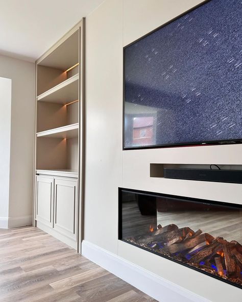 Floating Tv Unit With Fireplace, Elegant Media Wall, Flush Media Wall, Howdens Media Wall, Media Unit Fireplace, Bespoke Media Wall, Media Wall Storage, Shaker Media Wall, Wall With Tv And Fireplace