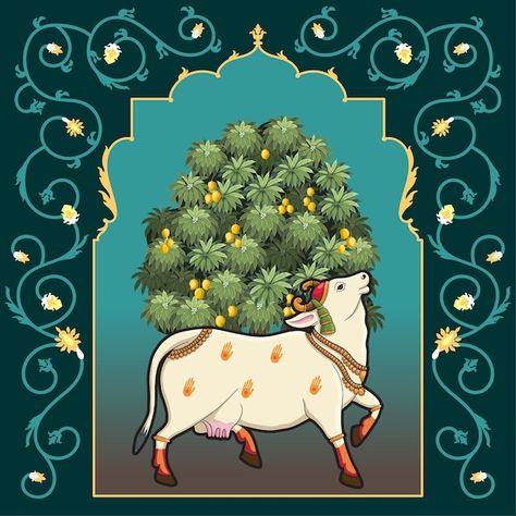 Rajasthani Illustration, Rajasthani Miniature Paintings, Pichwai Cow, Miniature Cows, Indian Miniature, Creative Painting, Vector Illustrations, Miniature Painting, Looking Up