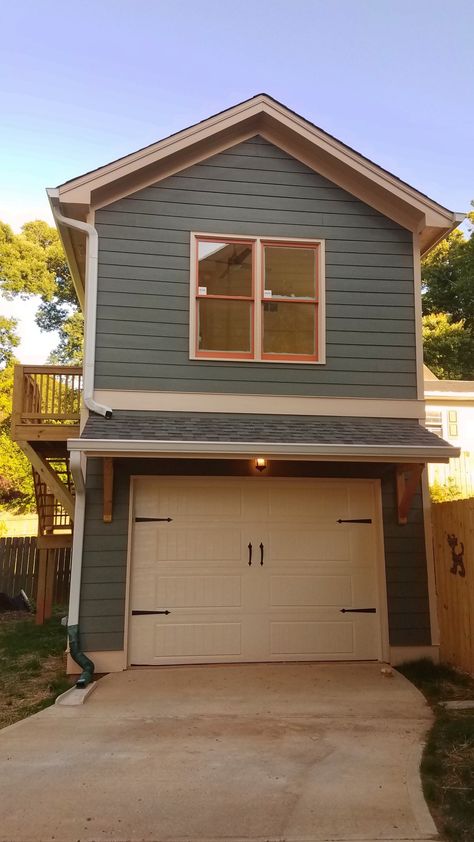 Small Garage With Apartment, Two Story One Car Garage, Tiny House Design With Garage, One Car Garage With Apartment Above, Garage Apartment Layout, Tiny Home With Garage, Garage Apartment Exterior, Historic Garage, Tiny House With Garage