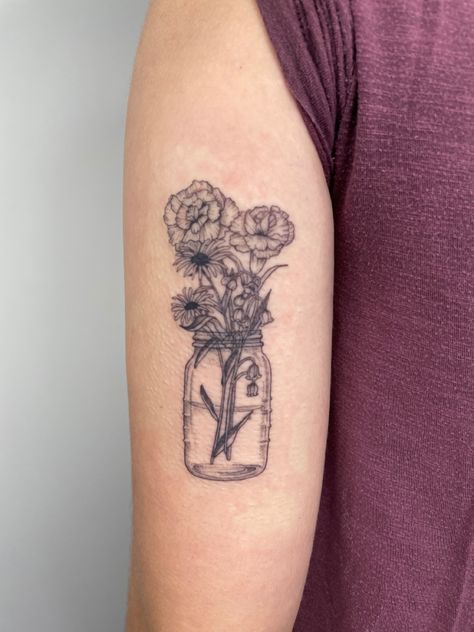 Bud Vase Tattoo, Flowers In Jar Tattoos, Jar Of Flowers Tattoo, Mason Jar Tattoo Flowers, Flower Vase Tattoo Simple, Floral Vase Tattoo, Vase And Flower Tattoo, Greenery Tattoos, Plant Vase Tattoo