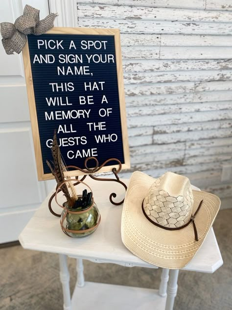 Cowboy Hat Guest Book Sign, Western Fall Baby Shower Ideas, Western Gender Reveal Themes, Cowboy Or Cowgirl Gender Reveal Decorations, Baby Shower Ideas Western Theme, Western Shower Ideas, My First Rodeo Party Ideas, Cowboy Baby Shower Theme Boys, Baby Shower Entertainment Ideas