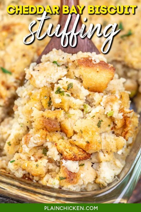 Cheddar Bay Biscuit Stuffing Recipe - a game-changer for your holiday table! Made with buttery, cheesy Cheddar Bay biscuits and cornbread, it's packed with flavor and perfectly seasoned with sage, poultry seasoning, and veggies. A must-try side dish for Thanksgiving or any family feast! Plain Chicken Recipe, Thanksgiving Brunch, Stuffing Recipes For Thanksgiving, Sweet Potato Biscuits, Cheddar Bay Biscuits, Holiday Dishes, Homemade Cornbread, Plain Chicken, Thanksgiving Recipes Side Dishes