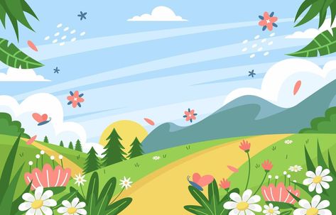 Children's Book Layout, Cartoon Garden, School Murals, Kids Background, Spring Background, Spring Landscape, Creative Poster Design, Cartoon Background, Landscape Drawings