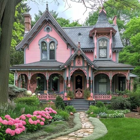 Whimsigoth Home Exterior, Cutecore House Exterior, Pastel Victorian House, Y2k House Exterior, Grandma House Exterior, 1800 Architecture, Black And Pink House, Gray Colour Combination, Pink And Green House