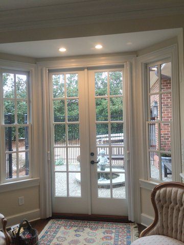 Narrow French Doors To Deck, Bay Windows With French Doors, Small Exterior French Doors, Bay Window To French Doors, Bay Window Into French Doors, Bay Window French Doors, French Doors In Bay Window, French Doors Bay Window, Bow Window Ideas Exterior