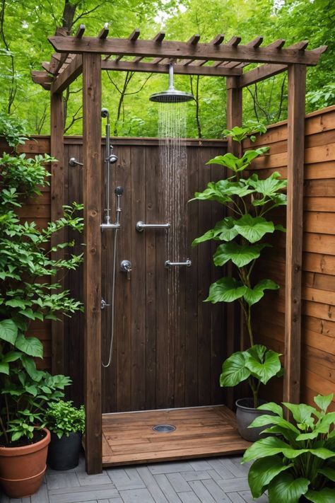 Rustic Outdoor Shower Ideas, Magical Bathroom, Outdoor Shower Ideas, Outside Showers, Outdoor Shower Enclosure, Earth House, Pool Pavilion, Outdoor Bathroom Design, Outdoor Tub