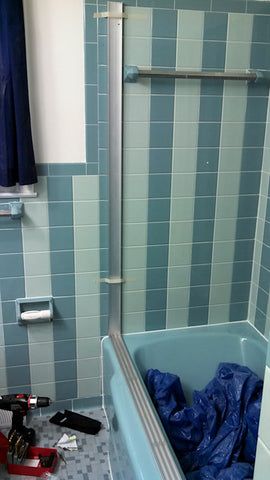 Save the Blue Bathroom : Part 2 – Cats Like Us Blue Toilet Bathroom, Blue Retro Bathroom, Retro Blue Bathroom, Tub Refinishing, Sliding Shower Doors, Sink Toilet, Retro Bathroom, Old Bathroom, Retro Bathrooms