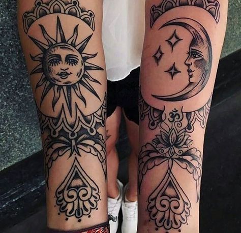 Traditional Style Sun And Moon Tattoo, Sun Moon Calf Tattoo, Womens Knee Cap Tattoo, Hippie Leg Tattoo, Matching Calf Tattoos, Traditional Virgo Tattoo, Matching Shin Tattoos, Sun And Moon Hip Tattoo, Traditional Sun And Moon Tattoo