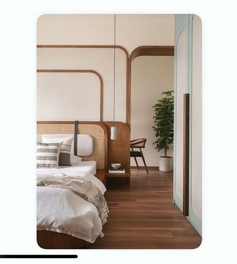 White And Wood Bedroom Ideas, Cane Partition, White And Wood Bedroom, Wood Bedroom Ideas, Cane Bed, India Architecture, Sleep Sanctuary, Wood Designs, Wood Bedroom