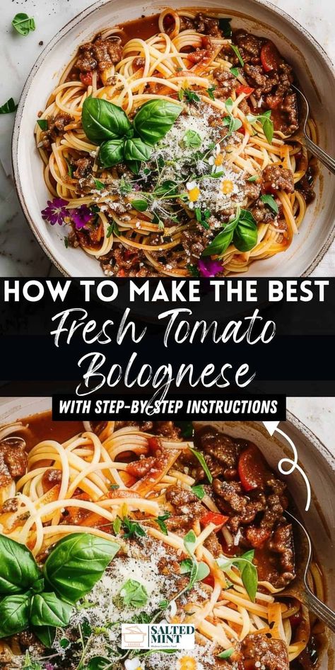 Summer pasta recipes made easy with this summer bolognese. Fresh tomato pasta perfect for family dinners. Bolognese With Fresh Tomatoes, Summer Bolognese, Fresh Basil Recipes, Summer Pasta Recipes, Fresh Tomato Pasta, Beef Pasta Recipes, Tomato Pasta Recipe, One Pan Pasta, Fresh Tomato Recipes