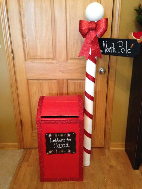 Santa's Mailbox Ideas, North Pole Yard Display, North Pole Mailbox Diy, Santa Mailbox Decor, North Pole Crafts For Toddlers, Santa Mail Box Ideas Diy, North Pole Post Office Decorations, Santa Letter Mailbox Diy, Christmas North Pole Decorations