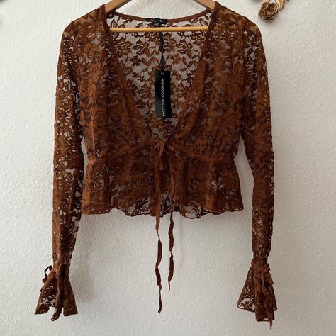 Dollskill Brown Lace Tie Front Top Size Xl But Fits More Like L Has Some Stretch Brown Lace Tops For Spring, Lace Tie Front Top, Fitted Brown Lace Top, Festival Brown Crochet Lace Top, Sparkly Halter Top, Brown Floral Print Long Sleeve Tops, Brown Lace Top, Satin Corset Top, Sheer Floral Top