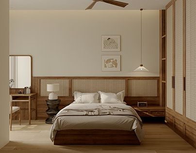 Japandi apartment #3 :: Behance Japandi Guest Bedroom Ideas, Japandi Style Bedroom Design, Japandi Theme Bedroom, Gold And Wood Bedroom, Bed Back Design Simple, Bed Japandi, Modern Japandi Bedroom, Bedroom Design Japandi, Japandi Small Bedroom