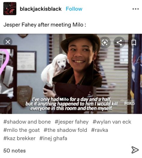 Jesper Fahey And Milo, Milo The Goat Shadow And Bone, Jesper Shadow And Bone, Milo Shadow And Bone, Milo The Goat, Crows Shadow And Bone, Bones Memes, Bones Tv Series, Six Of Crows Characters