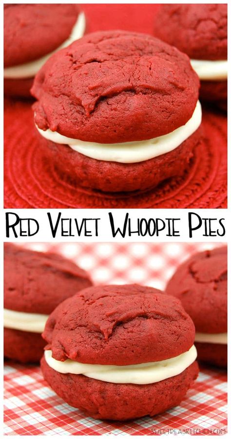 Best Easy Red Velvet Whoopie Pies Recipe - Red velvet whoopie pies are gorgeous & incredible. Learn how to make red velvet sandwich cookies with 12 ingredients. This is the best whoopie pie recipe ever! #redvelvet #whoopiepies #easy #dessert #simple #holidays #christmas #valentines #recipe #sweetpeaskitchen Whoopie Pies From Box Cake Easy, Red Velvet Cake Mix Cookies Cream Cheese, Easy Whoopie Pies Cake Mixes, Red Velvet Cake Mix Desserts, Cake Mix Whoopie Pies Simple, Red Velvet Box Cake Cookies, Cake Mix Cookies Red Velvet, Easy Whoopie Pies, Whoopie Pie Recipe Easy Cake Mixes